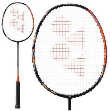 Badminton Rackets Badminton racket with a black frame and red logo design on the strings.